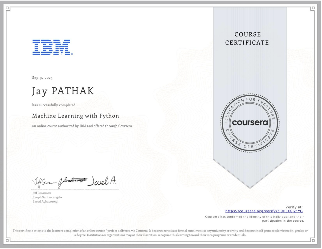 IBM Machine Learning Certificate