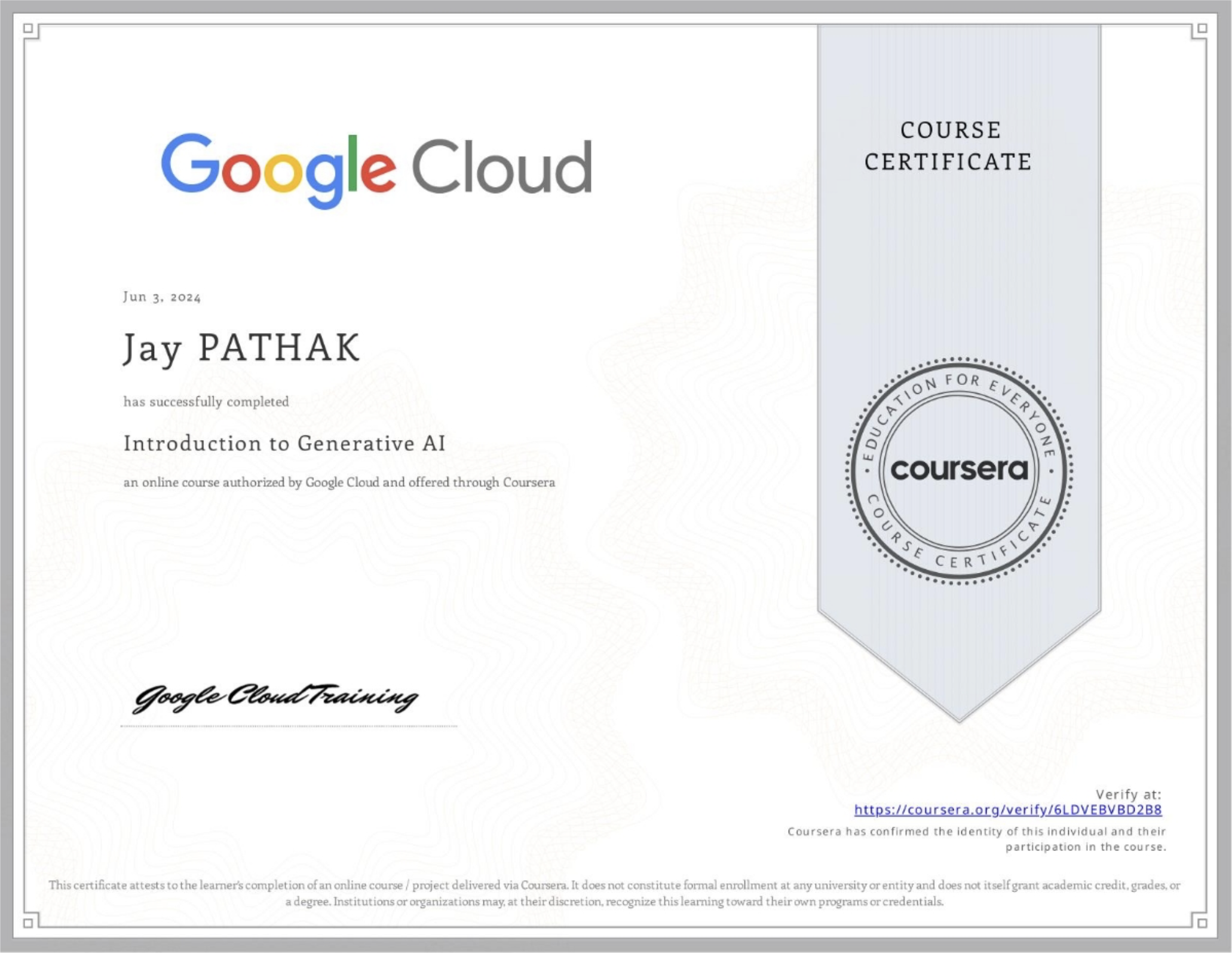 Introduction to Generative AI Certificate Placeholder